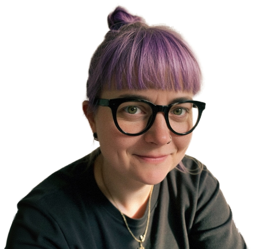 Ciara Wearen, with purple hair and black glasses